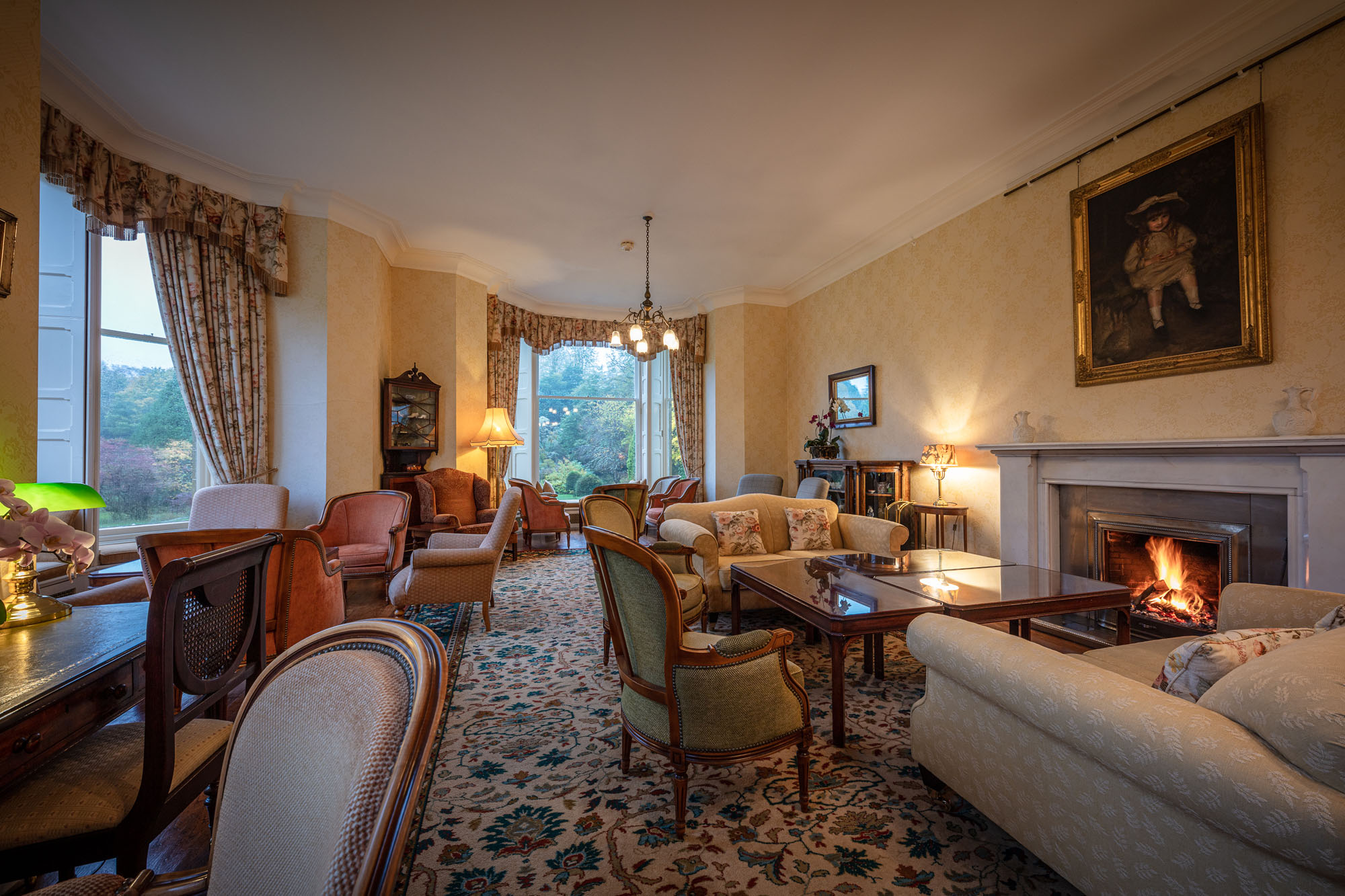 Hotel lounge with fire